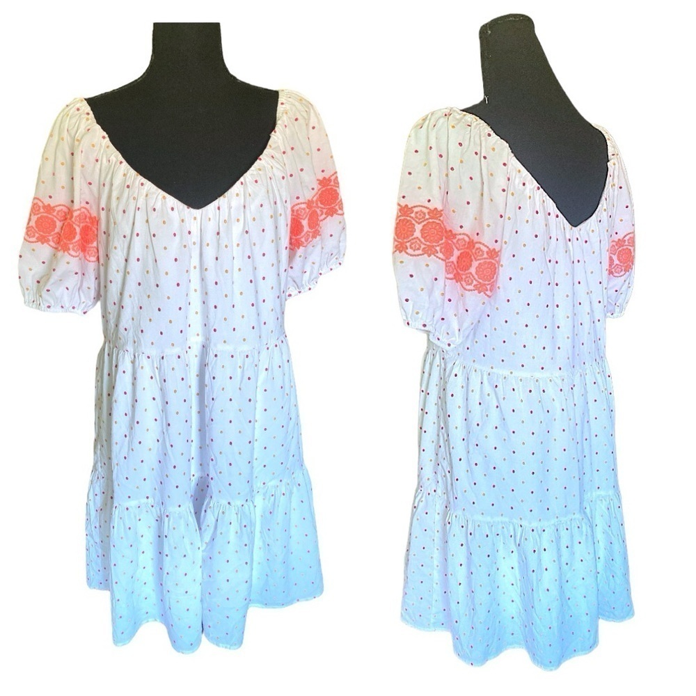Embroidered Dot Tiered Swing Dress White Multicolored Fun & Flirty Women’s Large - Picture 10 of 14